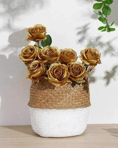 LFF 10pcs Silk Roses Artificial Flowers Fake Long Stem Roses for DIY Wedding Bouquet Home Decoration (Gold)