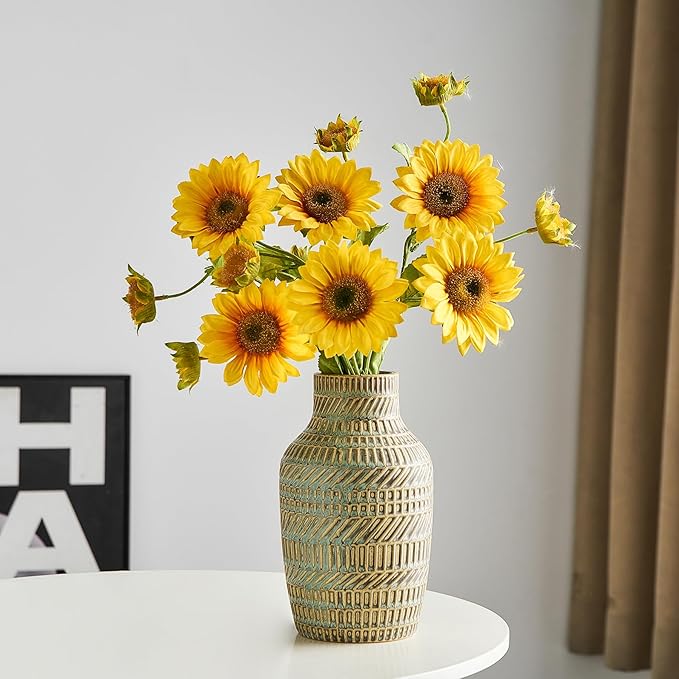 Modern White Ceramic Vase, Boho Flower Vases for Decor, 5.1" W x 8.7" H Modern Vase with Textured Pattern Table Centerpiece for Living Room Office Bedroom (Turquoise Vase)