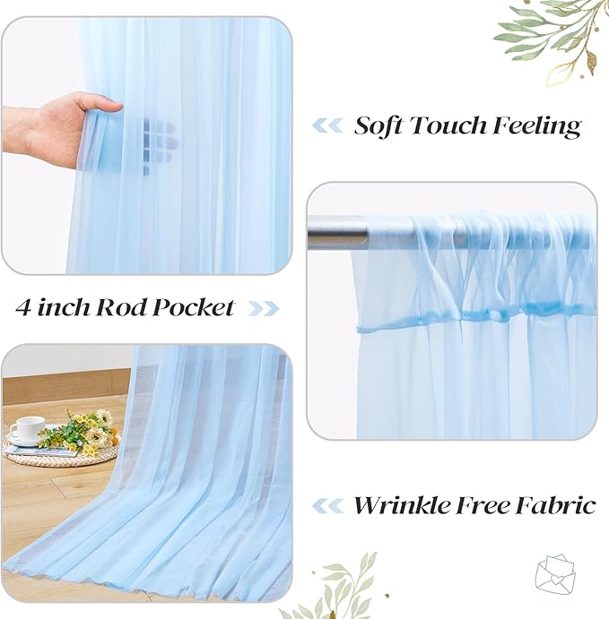 30ft x 10ft Blue Backdrop Curtain with Lights String for Parties, Sheer Tulle Wedding Photo Backdrops Drapes for Baby Shower Birthday Party Decorations Background for Photography