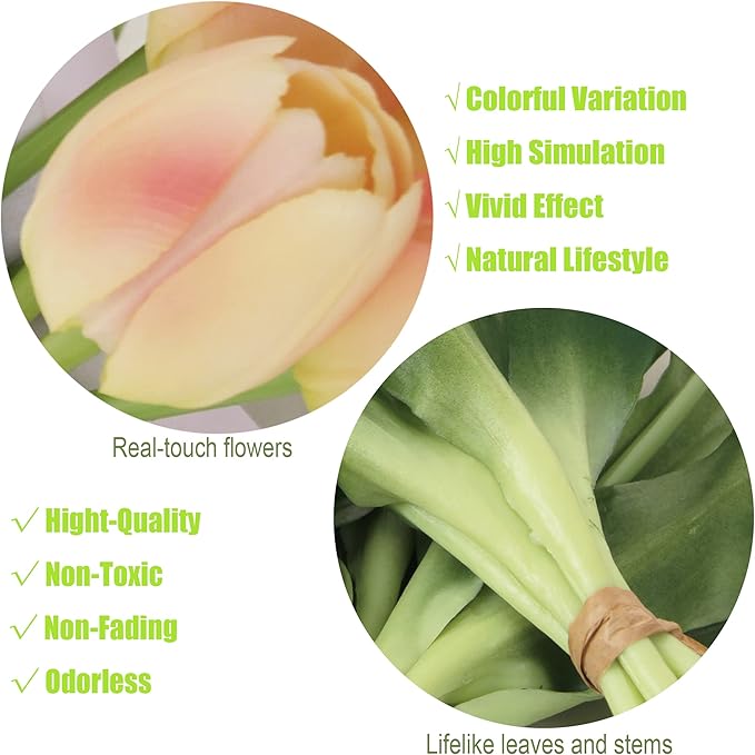 20pcs Artificial Tulip Flowers,16 Inch Real Touch Tulip Stems with Faux Leaves, Faux Tulips and Buds for Home Décor Centerpiece Ornament Wedding Bouquet,Champagne