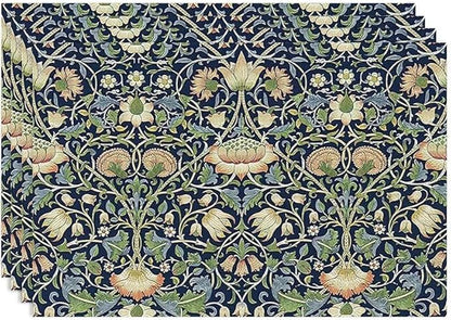 William Morris Flower Placemats Set of 4, Vintage Botanical Plant Place Mats, Heat Resistant Non Slip Cotton Linen Dining Table Mats for Home Kitchen Party 18x12 Inch