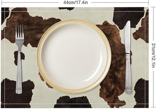 Cow Print Placemats Set of 4 Western Rustic Farmhouse Animal Fur Print Art Printed Dining Table Mats for Restaurant Home Kitchen Holiday Decor 12x18in