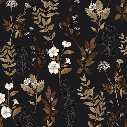 Black Floral Peel and Stick Wallpaper 17.4" x 197" Vintage Dark Gold Leaf Contact Paper Waterproof Self-Adhesive Vinyl Wall Covering for Bedroom Bathroom Countertop Cabinets, Boho Wall Decor