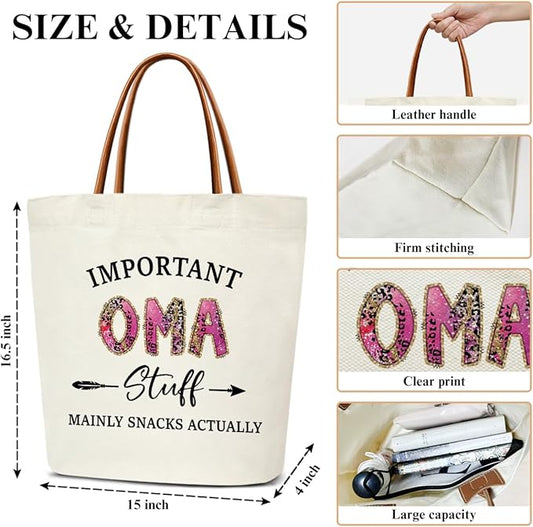Canvas Tote Bag for Women, Important Stuff Bag with Leather Handle, Reusable Grocery Bags for Shopping Beach Travel