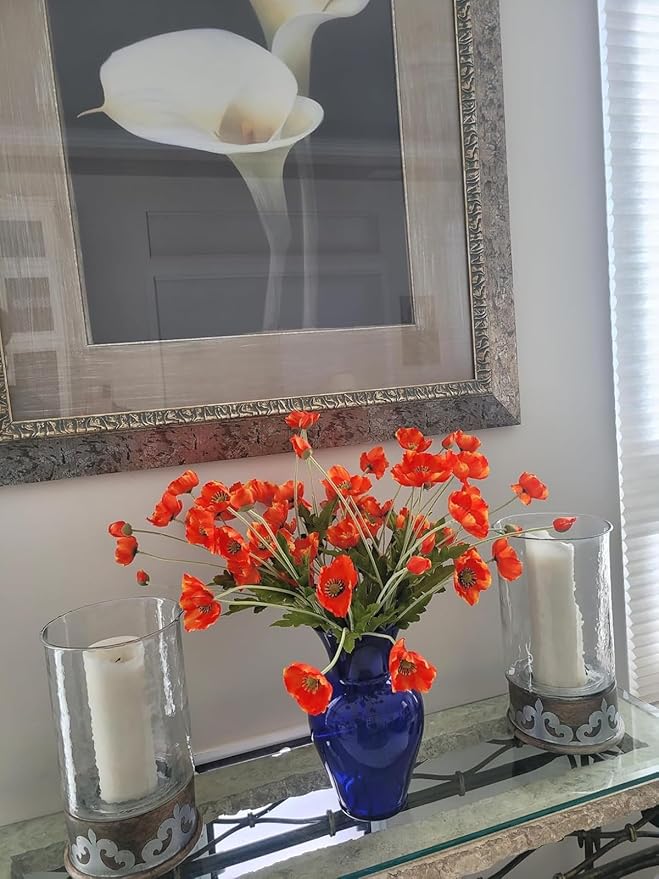 ATFL Orange and Red Poppy Flowers Artificial,12 Pcs Silk Fake Poppy Flowers,Faux Poppies Bulk for Home Decor Table Centerpieces Floral Arrangement,Poppies Bouquet for Wedding (23.5‘’, Orange-red)