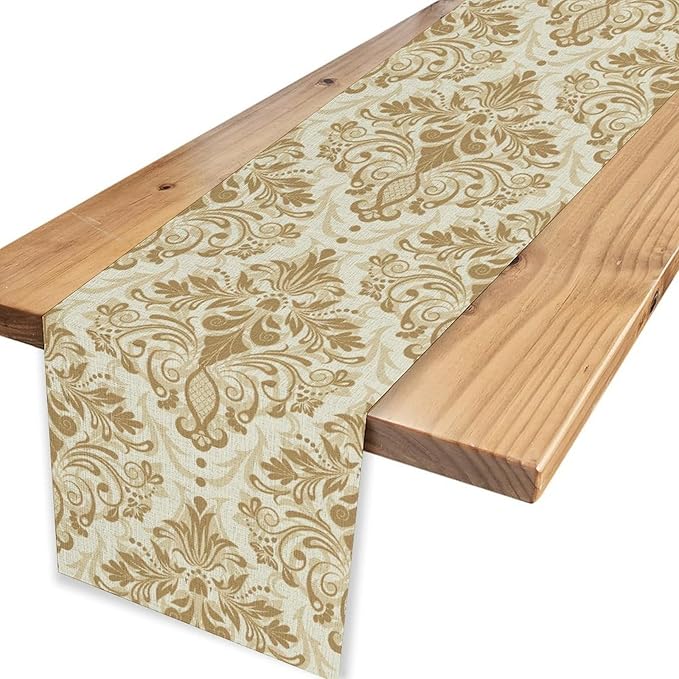 Golden Damask Table Runner, Luxury Antique White Gold Bohemian Exotic Flower Cafe Table Center Decor for Home Kitchen Dining Patio Holiday Party Indoor Outdoor Table Decorations 13x108 inch