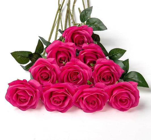DuHouse 10pcs Silk Roses Artificial Flowers Fake Rose for Arrangement Wedding Party Home Decoration(Fuchsia)