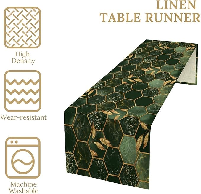 Hunter Green Marble Table Runner Abstract Dark Emerald Green Marble Hexagon Texture Golden Leaves Dinner Runner Table Decoration for Home Kitchen Dining Holiday Party 13x108in