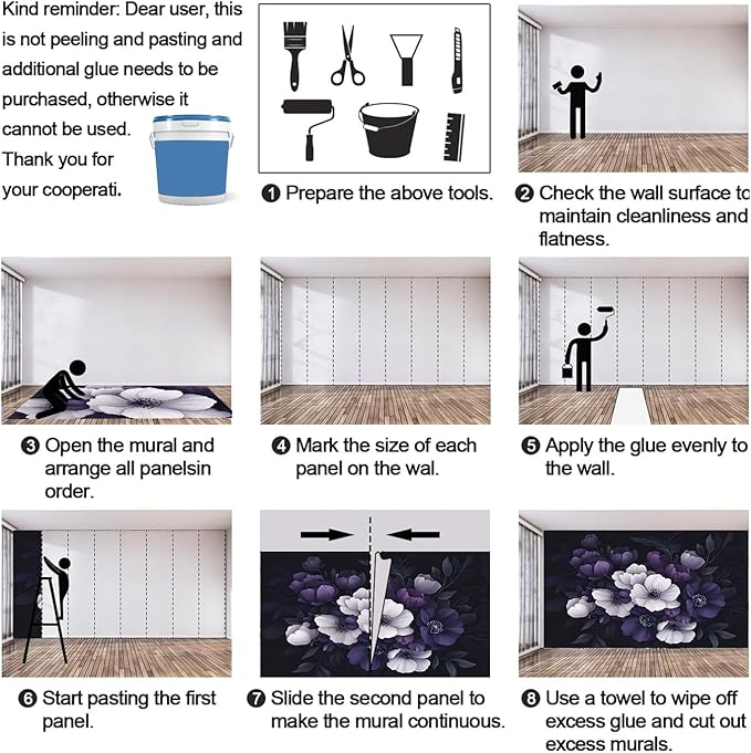 Dark Peony Floral Wall Mural, Purple and Black Flower 3D Wall Murals, Luxury Botanical Wallpaper Mural, for Living Room Bedroom Large Wallpaper Indoor Decor 118" W x 82.6 "H