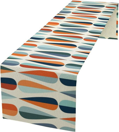 Mid Century Modern Table Runner Retro Blue Orange Grey Water Droplets Geometric Table Runner for Kitchen Dining Room Dining Table Decoration 13x70in