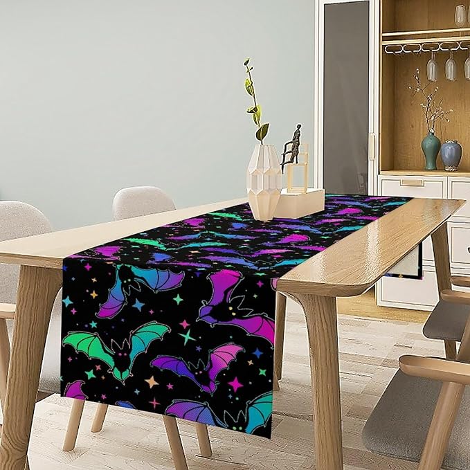 Gothic Table Runner,Colorful Bat Star Pattern Table Runner for Home Kitchen Table Dining Garden Farmhouse Wedding Party Decor 13x70 Inch