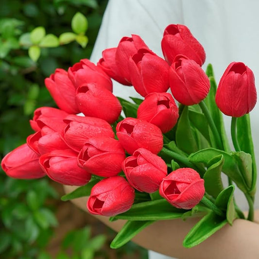 20 Pcs 13” Real Touch Red Tulips Artificial Flowers, Latex PU Fake Faux Lifelike Flowers with Stems, for Christmas Valentine's Day Mother's Day Easter Home Decor Wedding Bouquet