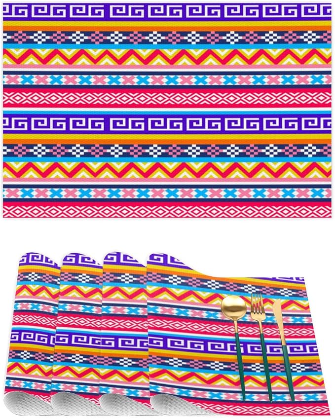 Aztec Rainbow Western Placemats Set of 1 PVC Vinyl Non Slip Table Mats Waterproof Heat Resistant Place Mats Washable Wipeable Dining Table Mat for Kitchen Party Indoor Outdoor Decorative