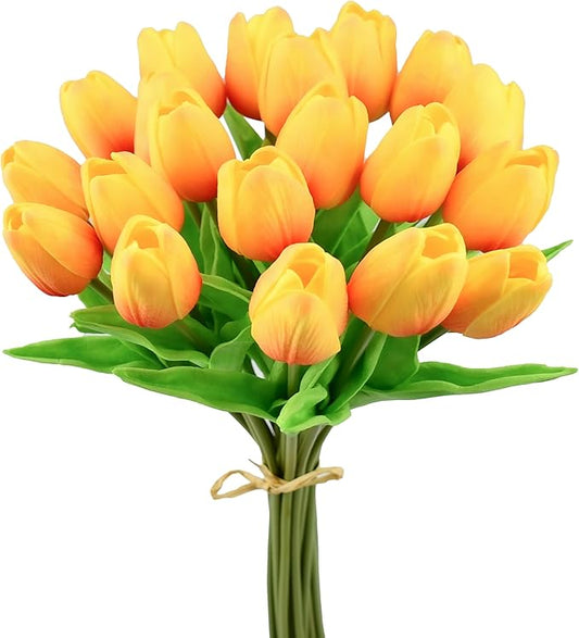 Mandy's Artificial Tulips 20 Stems Sunset PU Faux Flowers for Thanksgiving and Christmas Decorations Wedding Home Decor 13.5 Inch