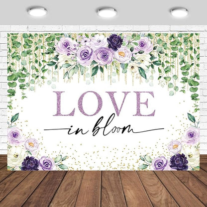 Love in Bloom Bridal Shower Backdrop 7x5ft Wedding Shower Spring Purple Floral Engagement Bachelorette Party Decorations Photography Background