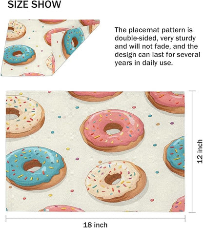Donuts Placemats Set of 6, Washable Linen Place Mats, Food Donut Table Mats for Kitchen Dining Table Decor Heat Resistant Tablemats 12x18