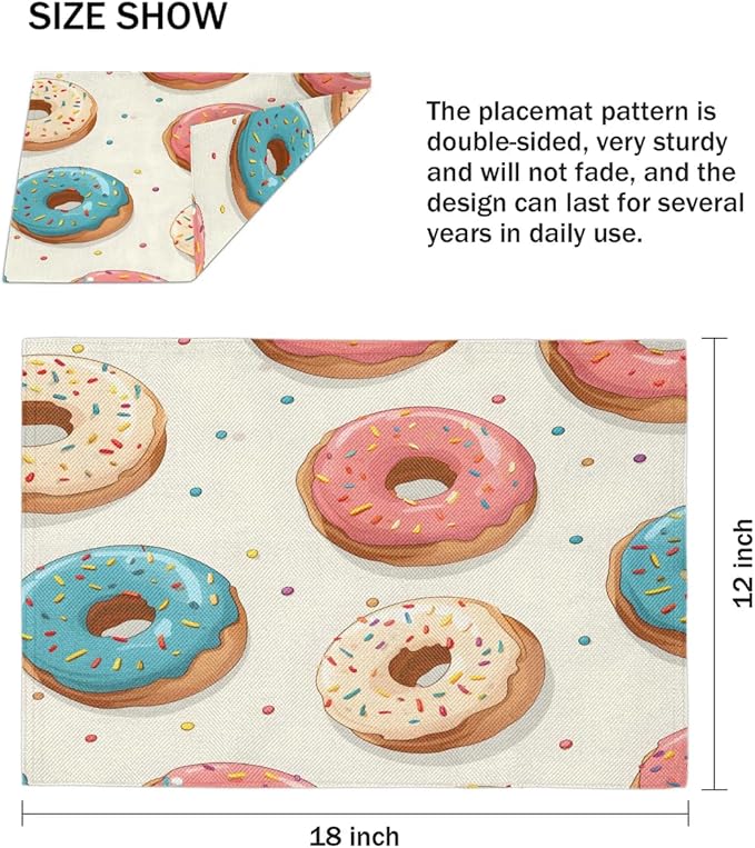 Donuts Placemats, Place Mats Set of 4, Heat Resistant Place Mats, Washable Table Mats for Dining Table, Non-Slip Stain Resistant Kitchen Table Placemats, Food Donut