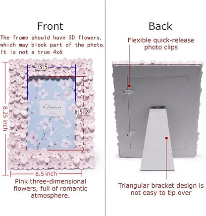 Hodao 4×6 Pink Floral Picture Frame — Handcrafted Textured Flower Picture Frame with Plastic Photo Cover & Built-In Easel for Tabletop Display, Decorative Home Décor, Nursery & Photo Keepsake