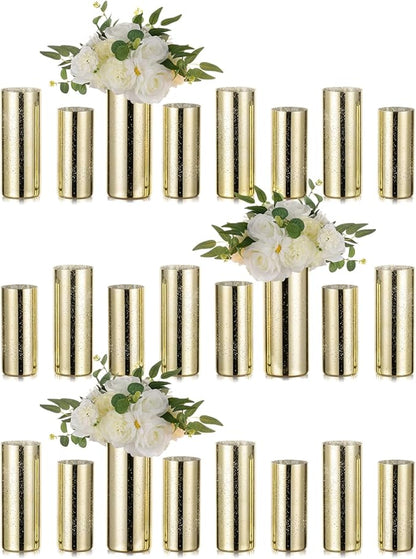 Glass Cylinder Vases Set of 24, Hewory Glittery Gold Vase for Centerpieces, Glass Hurricane Candle Holders for Pillar Floating Candle, Tall Round Vase for Wedding Anniversary Events Home Table Decor