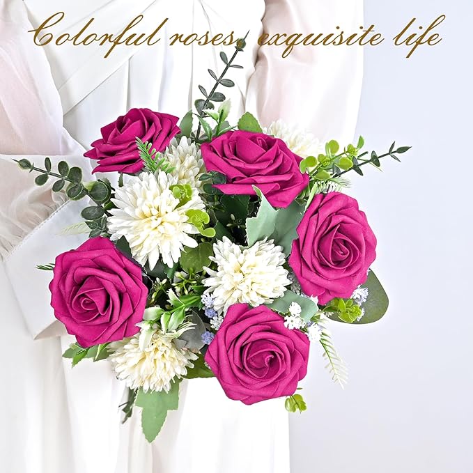 BLEUM CADE 16Pcs Artificial Flowers Fake Roses with Stems, Rose Red Boxed Foam Roses for DIY Bouquets Centerpieces Wedding Party Arrangement Bridal Shower Decor