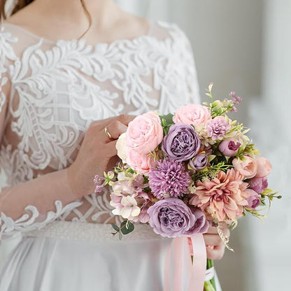 Zeyune 12 Bundles Artificial Peonies Flowers Artificial Silk Rose Faux Dahlia Fake Chamomile Hydrangea Bouquet Bulk for Vase Home Wedding Centerpiece Party Decoration(Lavender Blush,Misty Lavender)