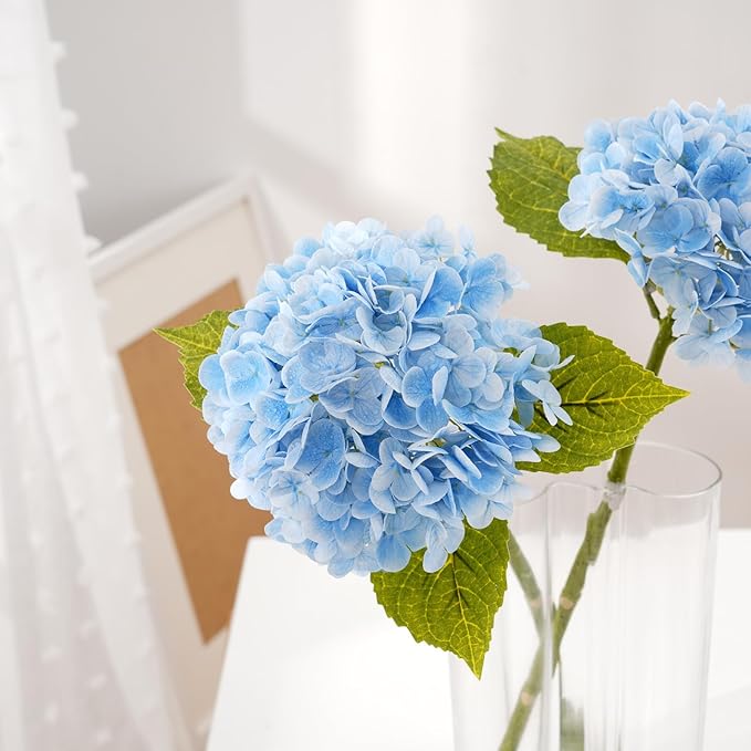 Waipfaru 21" Real Touch Blue Hydrangea Artificial Flowers with Long Stem & Leaves, Full Latex Faux Hydrangea Flowers for Home Decor Party Floral Arrangements Wedding Bouquets Centerpieces, 4Pcs
