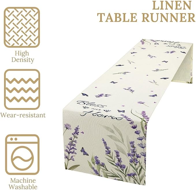 Purple Floral Table Runner, Spring Summer Watercolor Lavender Flower Country Farmhouse Coffee Table Center Decor for Home Kitchen Dining Patio Holiday Party Table Decorations 13x90 inches