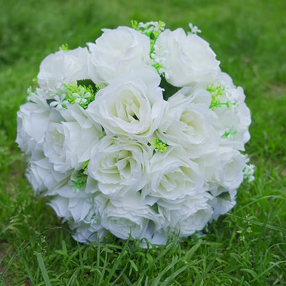 Wedding Bouquets for Bride, White Bridal Bridesmaid Wedding Flowers with Silk Ribbon and Rhinestones, Artificial Toss Rose for Civil Ceremony