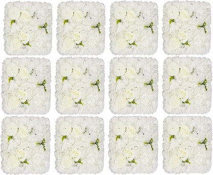 12Pcs Artificial Flower Wall Panel 3D Floral Backdrop Walls 15" X 15" Flower Wall Decor Flower Backdrop Faux Rose Panel for Party Home Background Decor, White