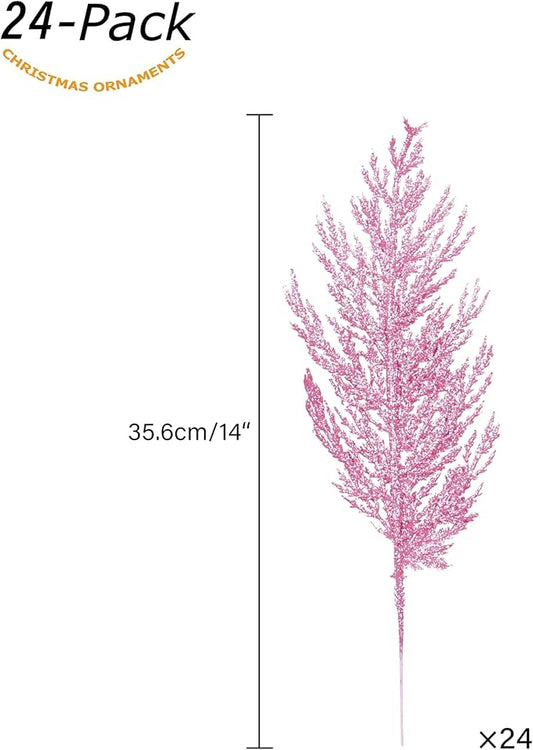Christmas Glitter Stems 24pcs Artificial Pine Tree Picks for Christmas Tree Ornaments fillers, DIY Xmas Wreath, Crafts, Garland, Holiday, Party, Wedding and Home Decoration (Pink)