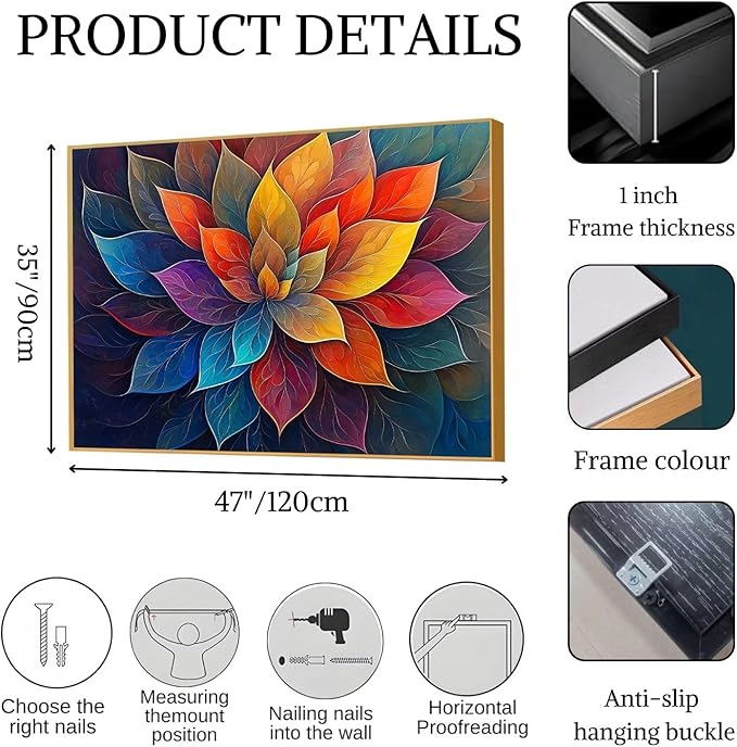 Colorful Flower Canvas Wall Art, Abstract Floral Canvas Prints, Lotus Blossom Pictures Wall Decor, Zen Painting, Yoga Studio Wall Decor (Gold Framed, 27"Wx19"H/70x50cm)