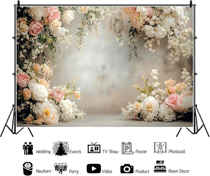 Baocicco 7x5ft Vinyl Flowers Wall Photography Backdrop Vinatage Wall White Pink Floral European Style Background Outdoor Wedding Birthday Party Banner Supplies Garden Home Decor Studio Props
