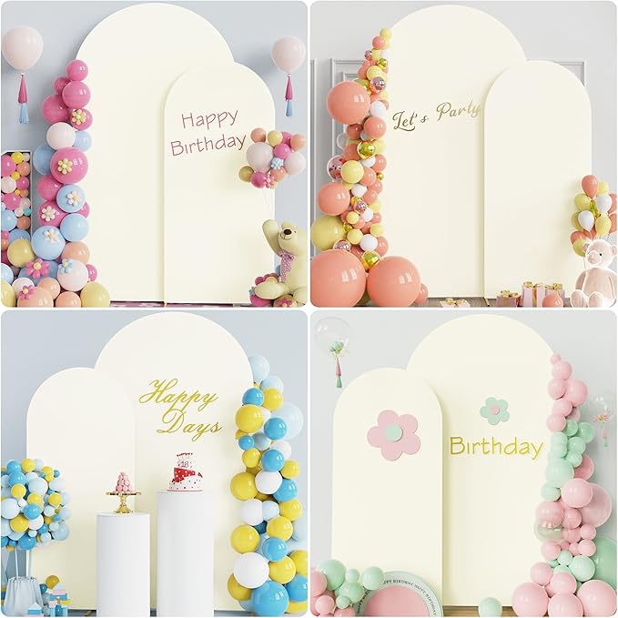 Putros Metal Arch Stand with Cover Set of 2 Ivory Spandex Fitted Wedding Arch Cover and Round Top Chiara Backdrop Stand for Birthday Party Baby Shower Decoration 7.2FT, 6FT