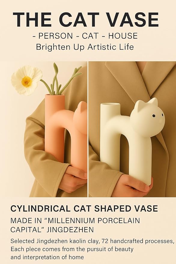 Cat Lover Gift – Minimalist Animal Vase for Dried Flowers, Pampas Grass – Calm Shelf Decor for Women, Cat Moms, Girlfriend, or Neutral Rooms