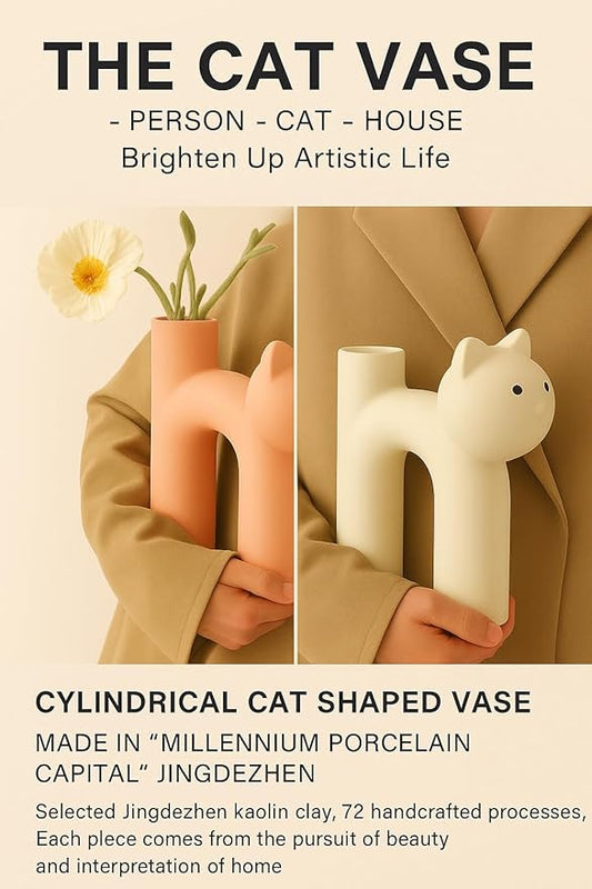 Cat Lover Gift – Minimalist Animal Vase for Dried Flowers, Pampas Grass – Calm Shelf Decor for Women, Cat Moms, Girlfriend, or Neutral Rooms
