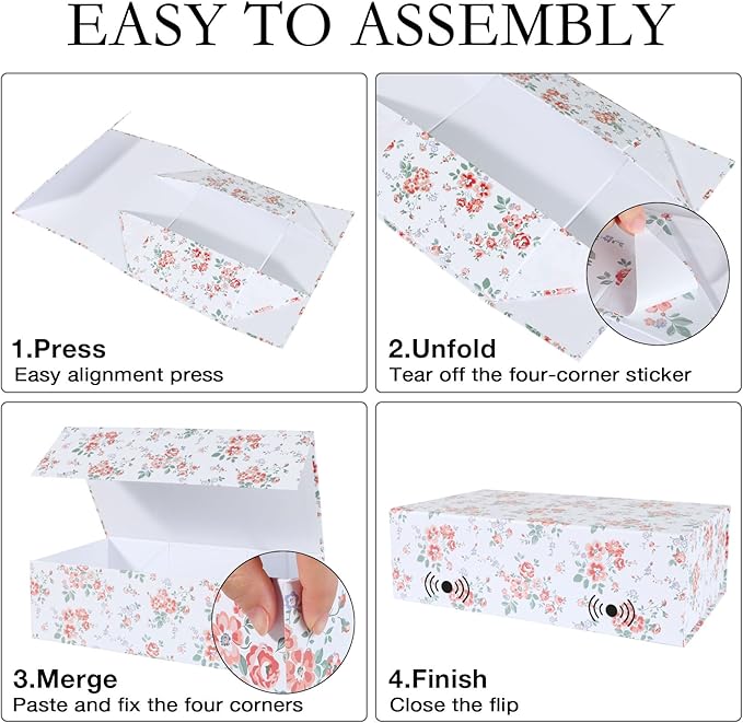 Rose Floral Gift Box with Magnetic Lids 13.8x8.3x4.4 in, Large Bridesmaid Proposal Boxes, Rectangle Wedding Decorative Storage Box 5 Pack
