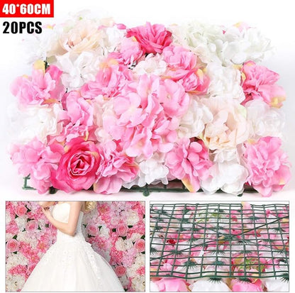20pcs 24" x 16" Artificial Flower Wall Panel Background,3D Silk Hydrangea Rose Flowers Wall Backdrop for Wedding Party Event Photo Stage Backdrop Wall Decor (Deep Pink Champagne)