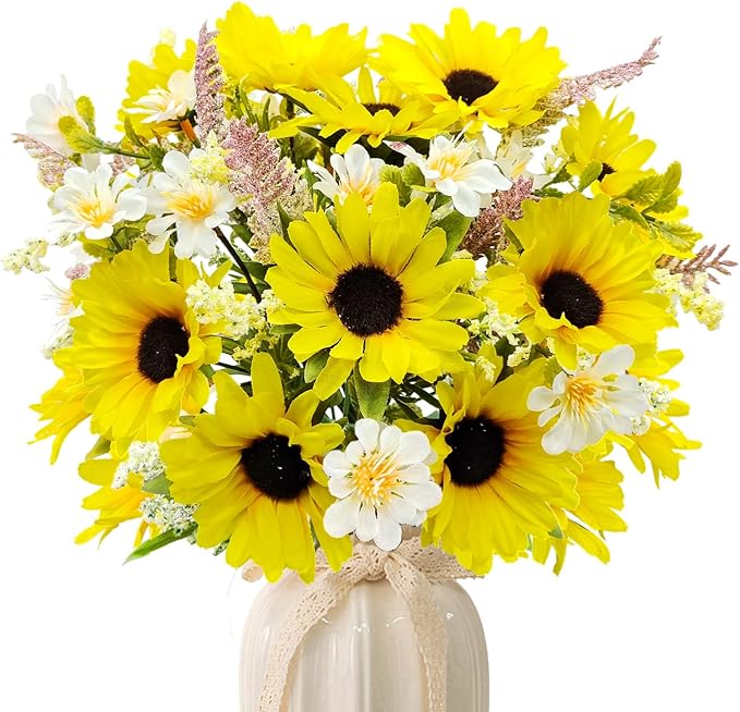 5 Bunches Artificial Sunflowers Bouquets, Fake Silk Sunflower with Faux Daisy Wildflowers Plants for Home Decor Indoor Floral Arrangements Table Centerpiece Bridal Wedding Decor (Yellow)