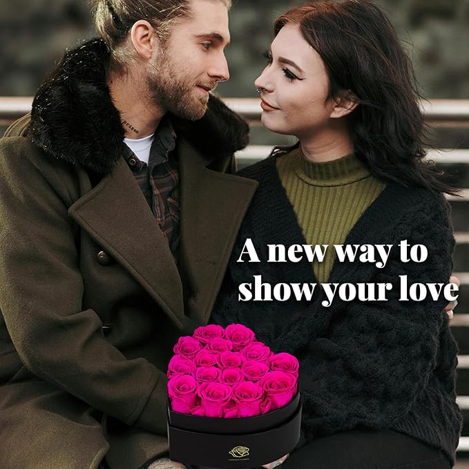 16-Piece Forever Flowers Heart-Shaped Box – Real Immortal Preserved Roses Lasting a Year, Perfect for Birthday, Girlfriend, Mother, or Wife, Valentine Day Gift for Her - Reddish