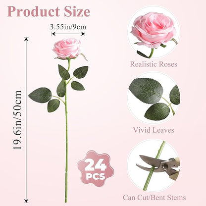 Nubry 24pcs Artificial Silk Roses Bulk,Fake Roses Flower with Stems Realistic Flowers for Wedding Centerpiece Home Party Decor(Pink)