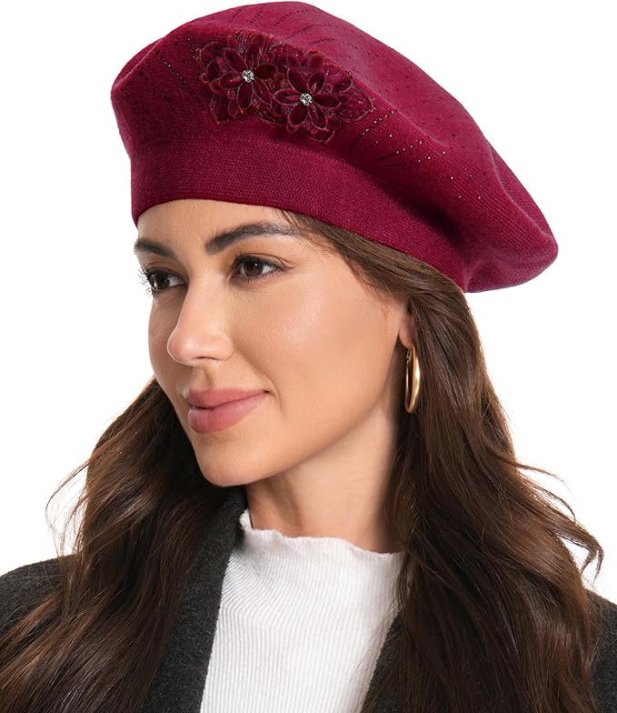 Flower Embroidery Beret Hat for Women, French Style Knitted Beret Hats, Stylish Solid Color Beret Cap for Women Girls Lady