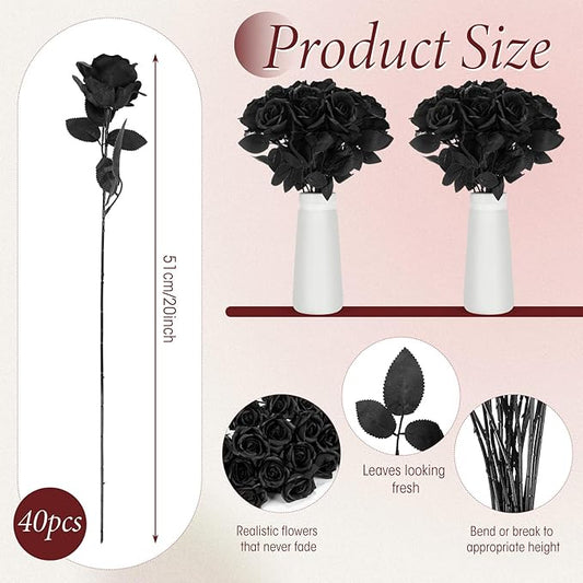 Hotop 40 Pcs Rose Artificial Flowers Bulk with Long Stem,Realistic Silk Fake Roses Bouquet for Home Wedding Centerpieces Party Table Decoration Valentines Gifts(Solid Black)