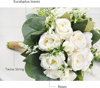 Wedding Bouquets for Bride Bridesmaid, 7.8" White Ivory Bouquet Artificial Silk Roses Flowers with Eucalyptus for Wedding Church Decoration