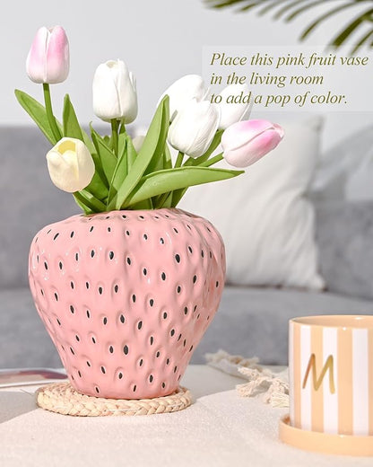 DN DECONATION Pink Strawberry Vase for Flower, Strawberry Shaped Planter Pot for Girls, Unique Ceramic Fruit Vases for Strawberry Party Kitchen Decorations, for Mom&Grandma