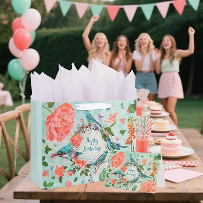 ASYEHJNR 13" Large Size Happy Birthday Gift Bag Teal Happy Birthday Sign with Birds Butterflies Floral Flower Pattern Retro Gift Bag with Greeting Card and Tissue Paper and Handle Ribbon for Girls Women Bday