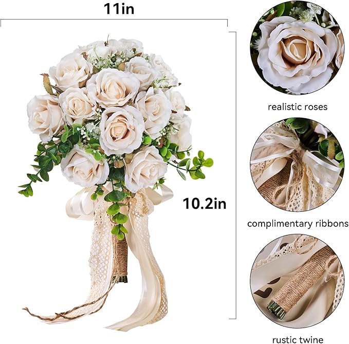 Wedding Bouquets Large for Bride, Wedding Silk Artificial Flowers 14pcs White Champagne Roses 10 in Fake Flowers for Wedding Party, Ceremony, Anniversary & Home Decor(Come with 4 kinds of Ribbons)