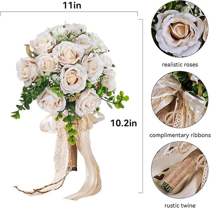 Wedding Bouquets Large for Bride, Wedding Silk Artificial Flowers 14pcs White Champagne Roses 10 in Fake Flowers for Wedding Party, Ceremony, Anniversary & Home Decor(Come with 4 kinds of Ribbons)