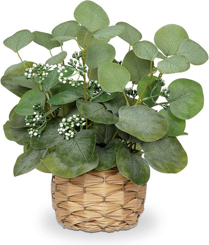 DILATATA Artificial Eucalyptus Stems in Woven Basket Planter, 12" Fake Plant Eucalyptus Leaves with Green Seeds Faux Potted Plant Greenery for Table Centerpiece Office Indoor Home Decor