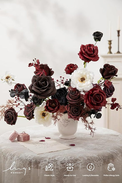 Ling's moment Fake Flowers Box, Faux Artificial Greenery Stems Foam Roses Peonies Silk Eucalyptus Leaves Fabic Flower for Centerpieces Bouquet Wedding Vase Decorations, Burgundy & Black, Deluxe Combo