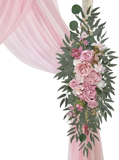 Wedding Arch Flowers with Drapes Kit (Pack of 4) - 2pcs Artificial Lilac Deluxe Swag with 2pcs Sheer Drapes for Wedding Ceremony Backdrop Rose Floral Decoration Arbor Reception